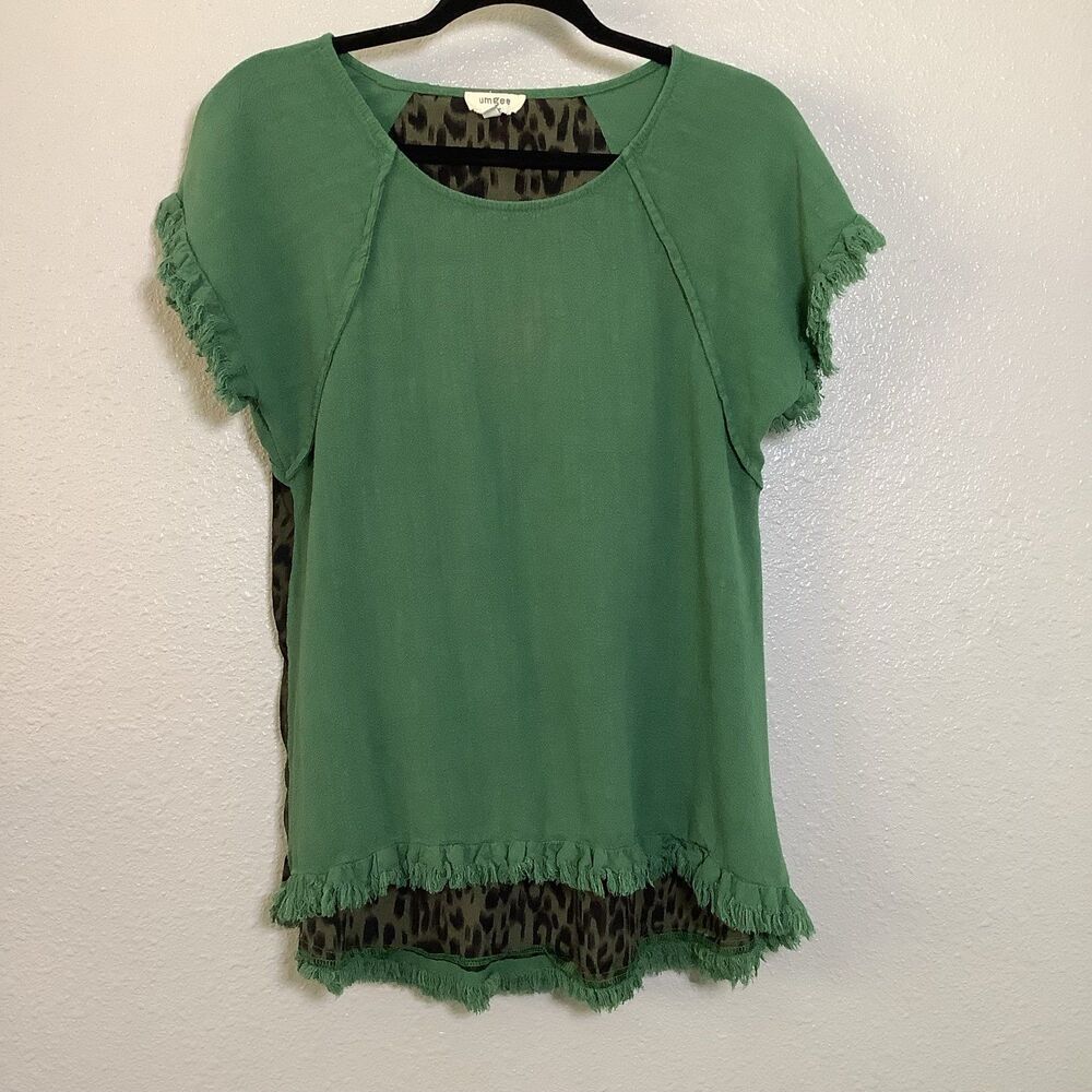 Umgee Green Patchwork Linen Cotton Blend Goblincore Boho‎ Artsy Tunic Top M